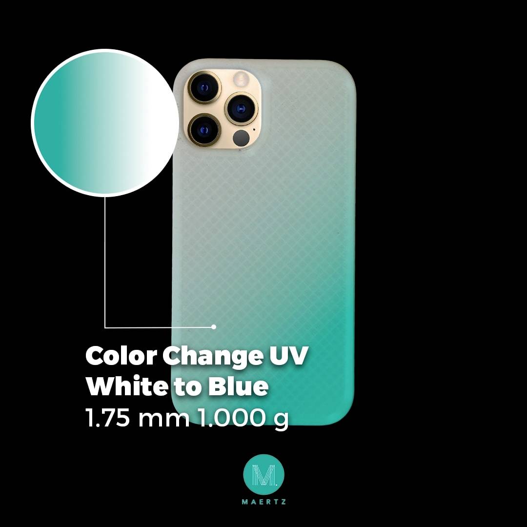 A smartphone case image shows a colour change from white to blue under UV influence. Displayed: thickness 1.75 mm, weight 1,000 g.