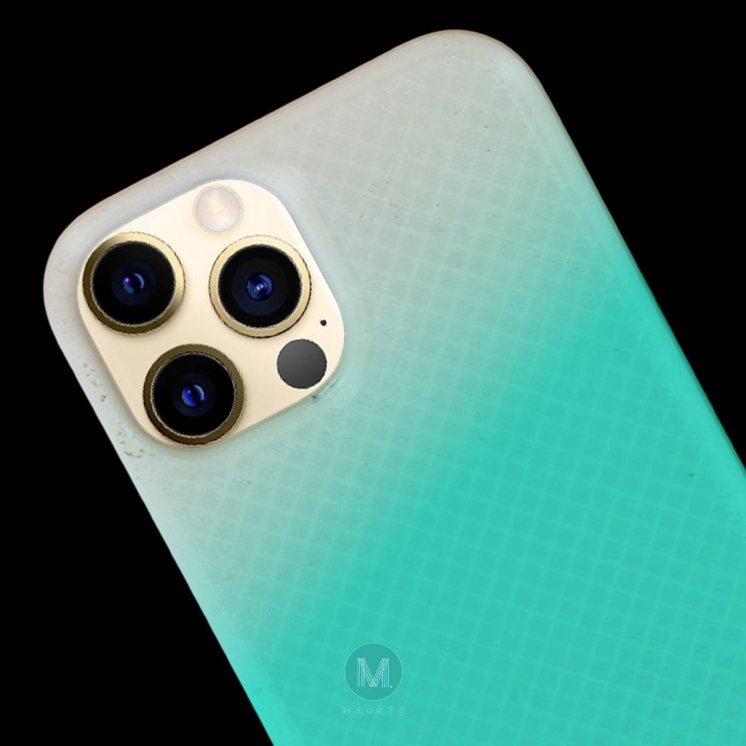 A smartphone in a protective greenish-blue case with three camera lenses, on a black background.