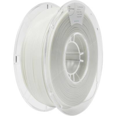 A transparent spool of white 3D printer filament, with a label displaying product information visible.