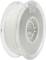 A transparent spool of white 3D printer filament, with a label displaying product information visible.