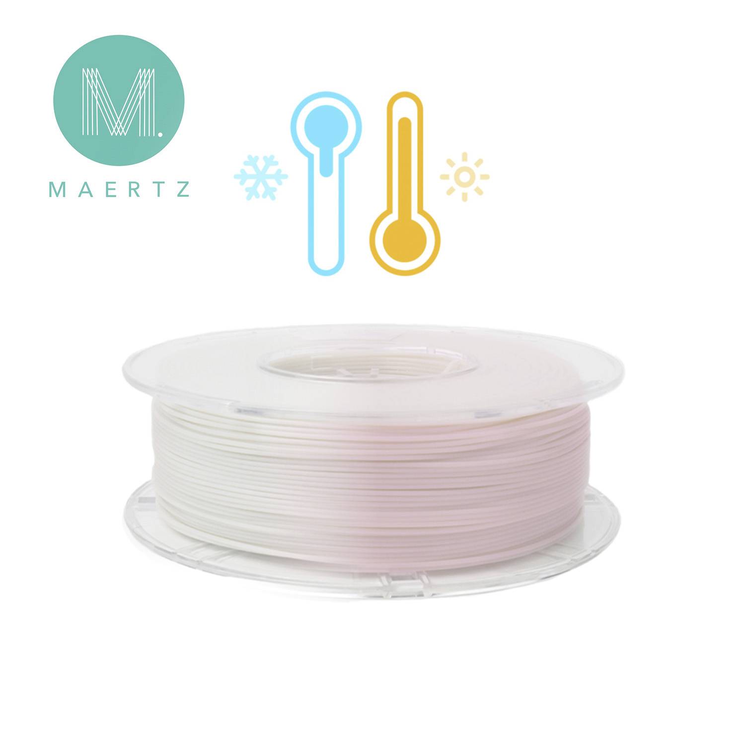 A reel of white filament from 'MAERTZ'. Symbols for temperature change with a snowflake and sunbeam are visible at the top.