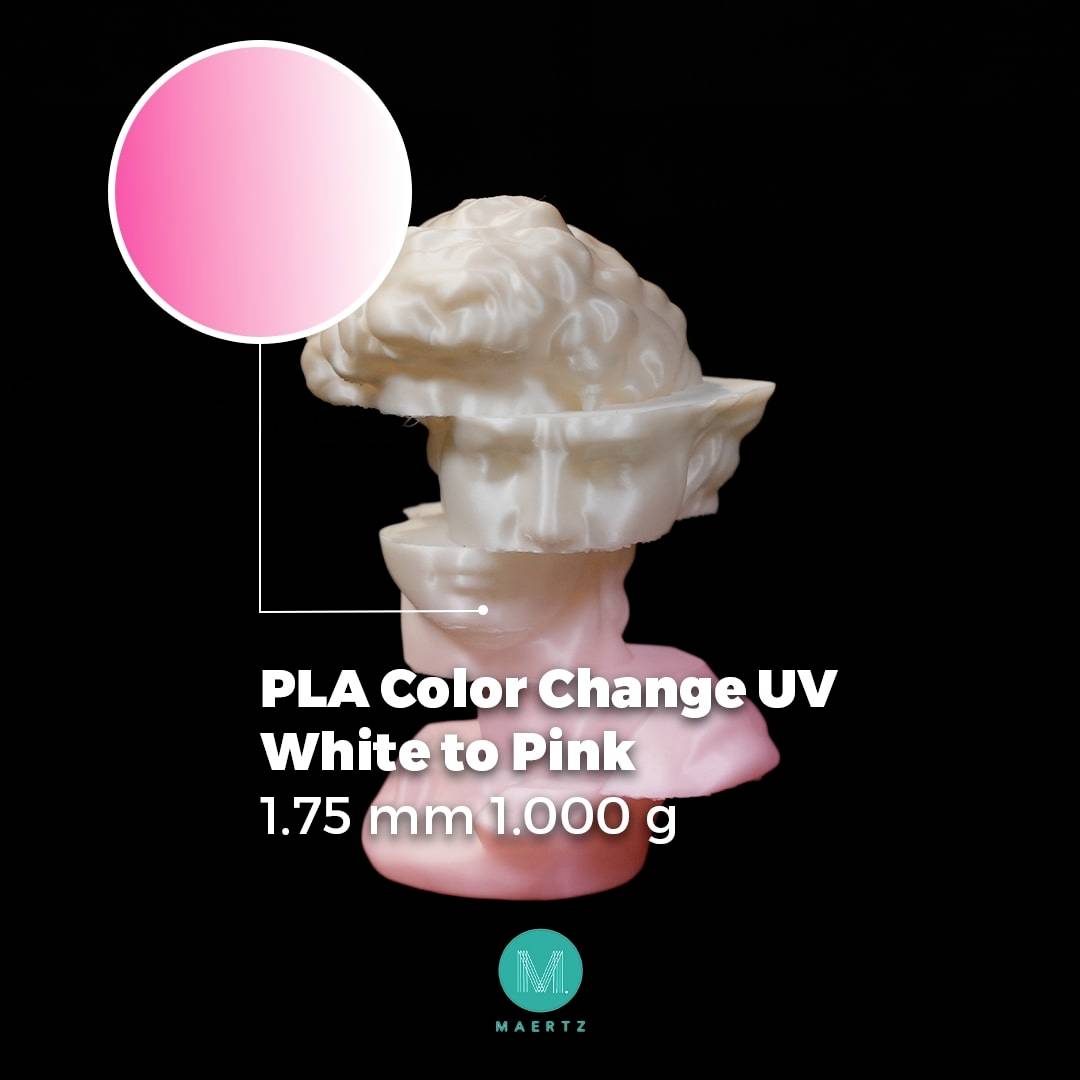 'PLA Colour Change UV White to Pink, 1.75 mm, 1000 g' next to a sculpture that changes from white to pink.