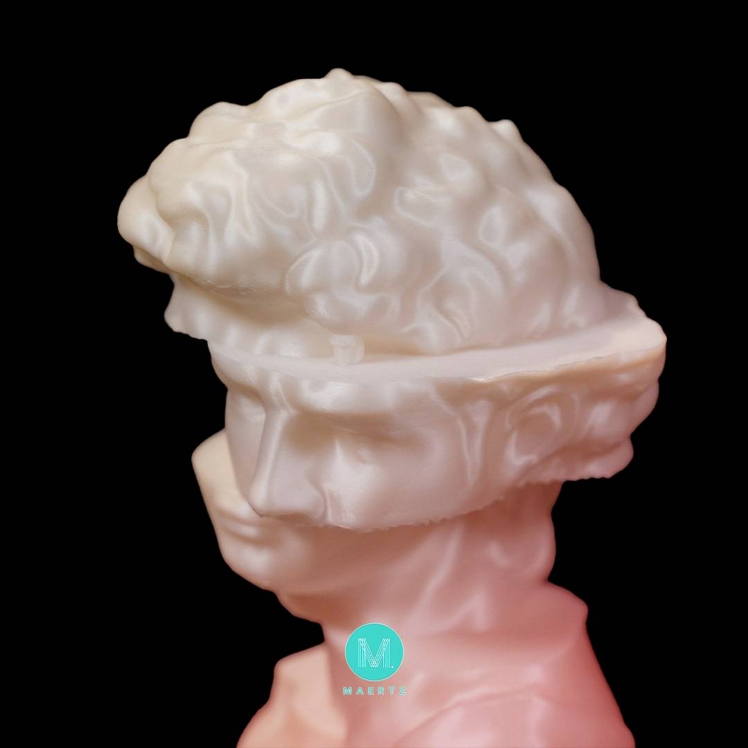 A white sculpture of a Roman head wearing a modern VR headset, against a black background.