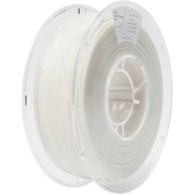 A reel of white filament for 3D printers, wound on a transparent spool.