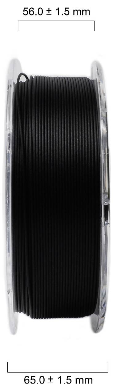 Black filament spool for 3D printer, shown from the side. Diameter: 65 mm, width: 56 mm ± 1.5 mm.