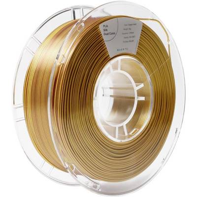A spool of gold-coloured 3D printer filament, on a transparent plastic carrier, suitable for 3D printing processes.