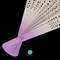 An elegant fan with a gradient from pink to purple, adorned with delicate details, rests on a black background.