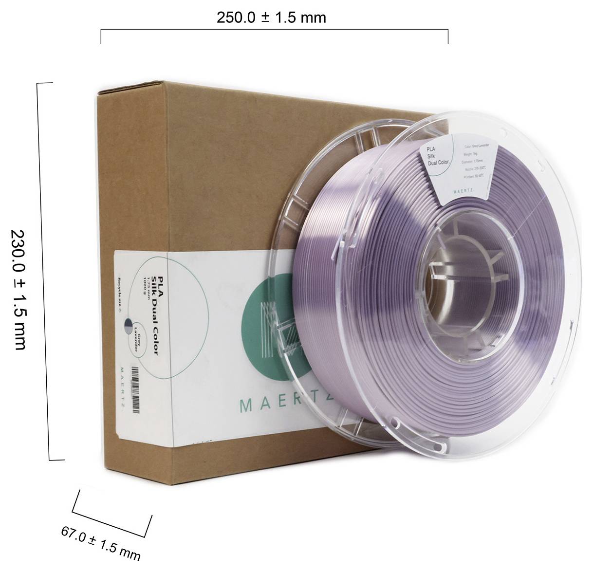 Plastic spool with purple filament on cardboard box, dimensions: 250 x 230 x 67 mm.