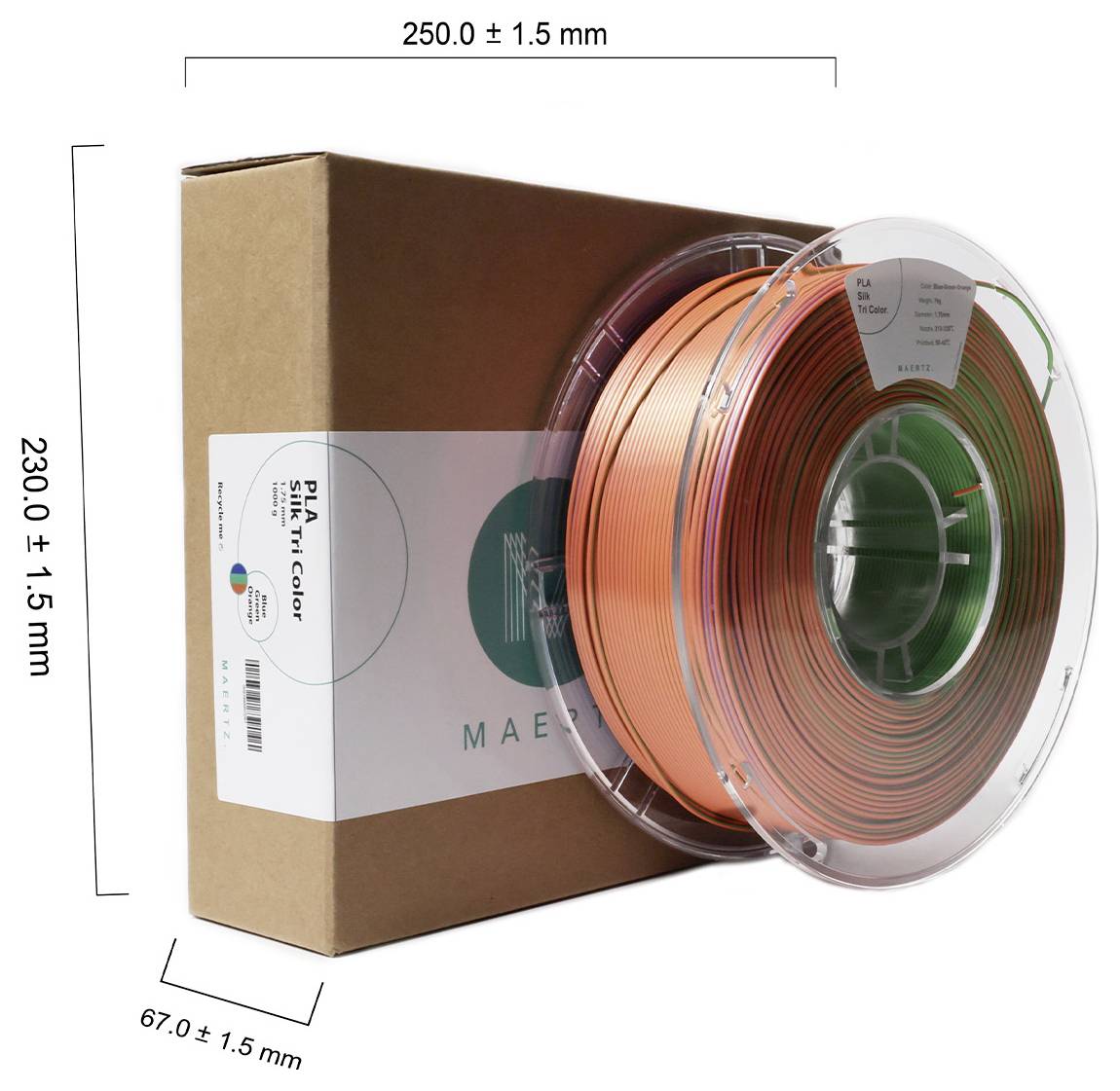 A spool of 3D printer filament in orange, packaged in a brown cardboard box. The dimensions of the packaging are 250 x 230 x 67 mm.