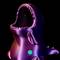 A purple shark model opens its jaws wide. It is an artwork with a metallic sheen.
