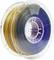 Two spools of PLA 3D printer filament in gold and blue, mounted on a transparent plastic holder.
