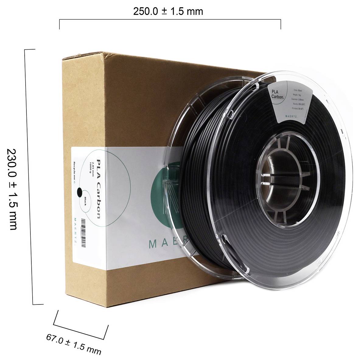 A roll of black PLA carbon filament in a cardboard box. The measured dimensions of the box: 250 mm x 230 mm x 67 mm.