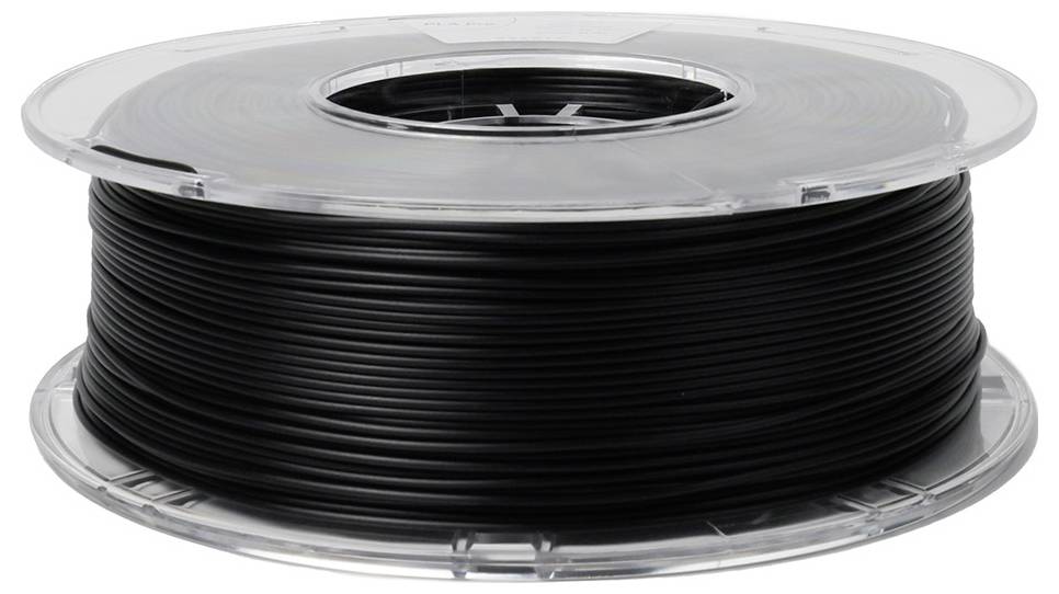 A reel of black filament for 3D printers, wound on a transparent spool. The filament is evenly wound.