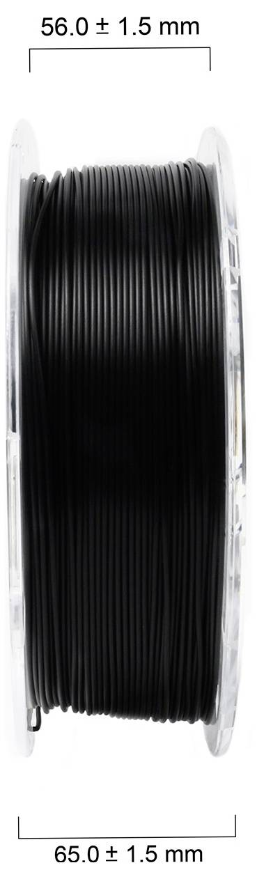 Black filament spool with a width of '56.0 ± 1.5 mm' and a diameter of '65.0 ± 1.5 mm' on a transparent plastic holder.