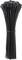 Several black cable ties of varying lengths, standing upright and bundled together.