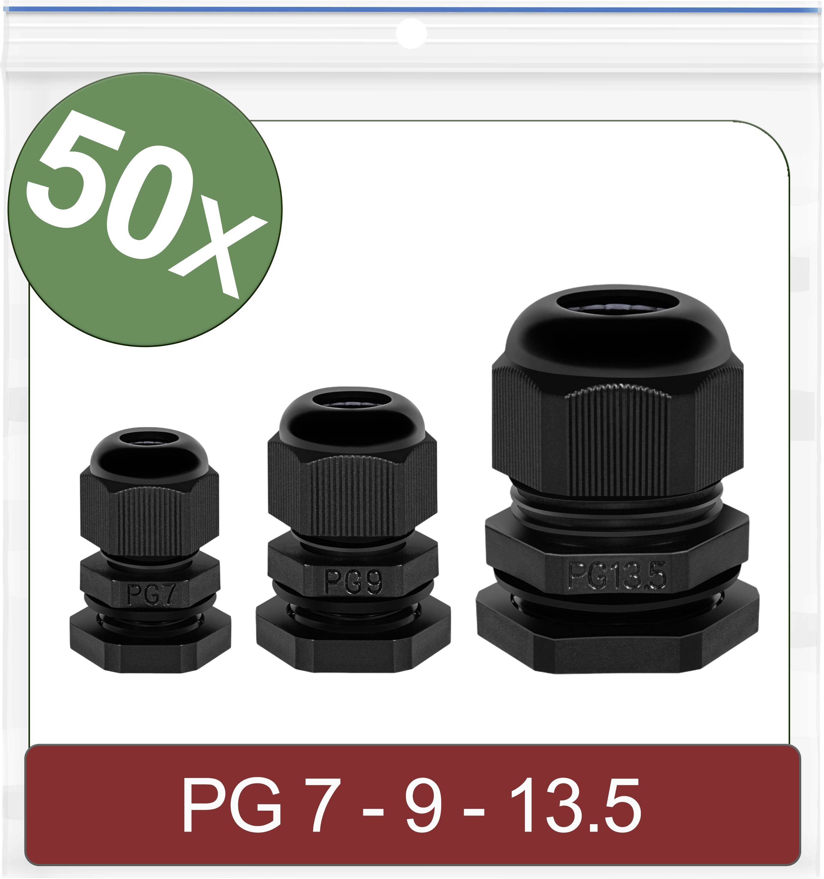 Three black cable glands in different sizes (PG 7, PG 9, PG 13.5) in a package with a '50X' badge.