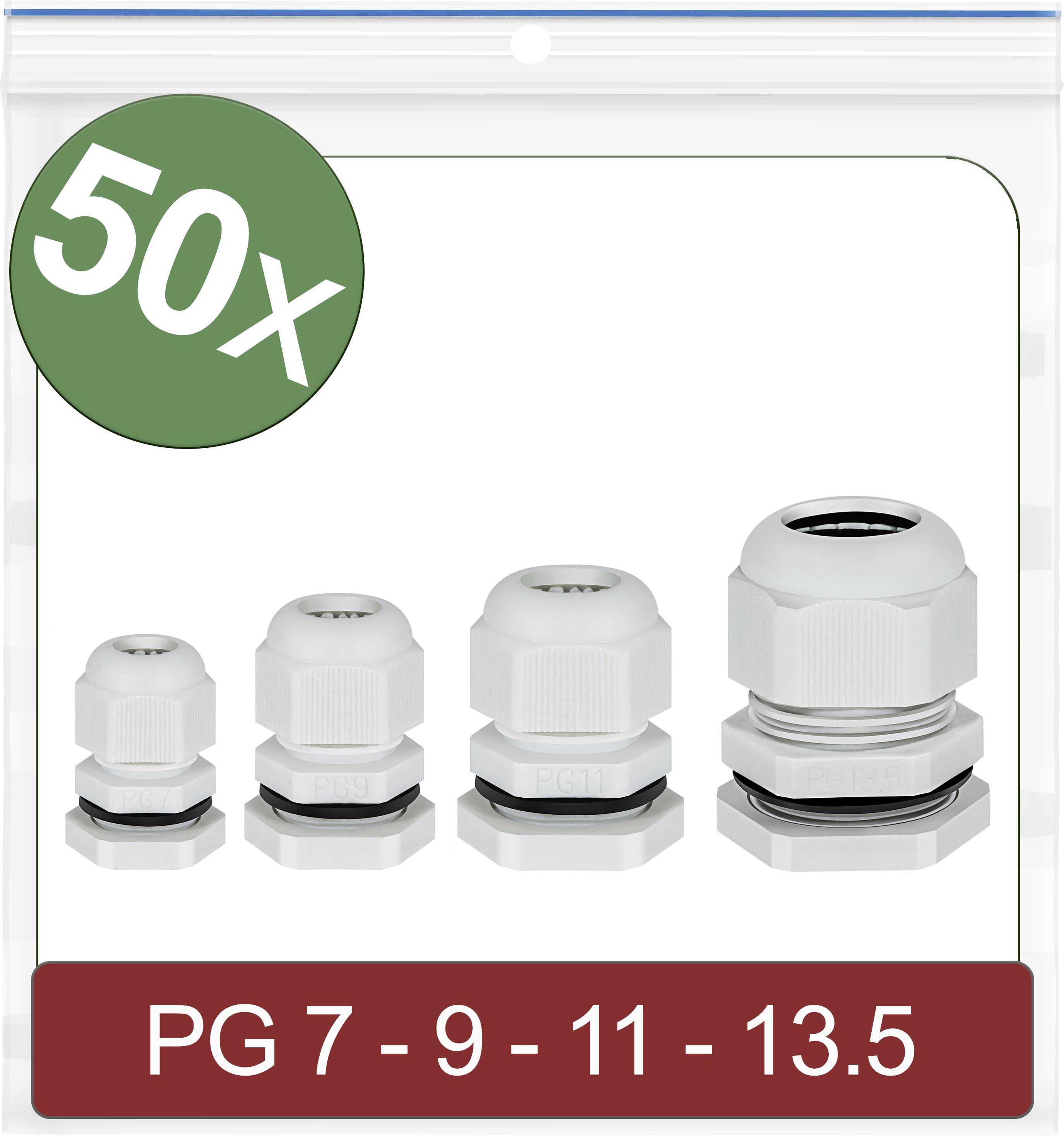 '50x Cable Glands in Various Sizes: PG 7, PG 9, PG 11, PG 13.5. White, for Cable Management and Protection.'