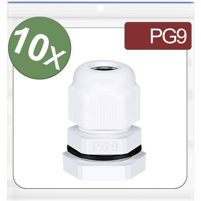 '10x PG9 Cable Glands' in White, suitable for 4-8 mm cables, pictured in a transparent package with a circular green label.