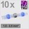 Pack of 10 heat-shrink cable connectors by TRU Components, suitable for cable cross-sections of 1.5 to 2.5 mm², transparent with blue ends.