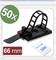 50 black plastic cable ties, 66 mm long, with adhesive base, suitable for cable routing and organisation. Package with PE foam.