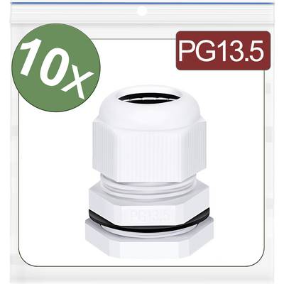 10 cable glands, type PG13.5, white, plastic. Contained in a package with green '10x' and red 'PG13.5' label on top.