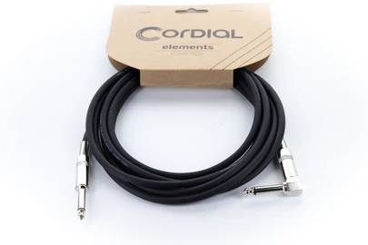 'Black audio cable with two metal plugs, one straight, the other angled, on cardboard holder with Cordial Elements label.'