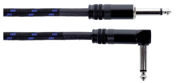 Straight and right-angled guitar cable with black sheathing and blue stripes, suitable for musical instruments.