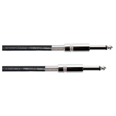 Two black jack cables with silver plugs, suitable for instruments. Markings read 'INSTRUMENT', cable gauge and shielding.