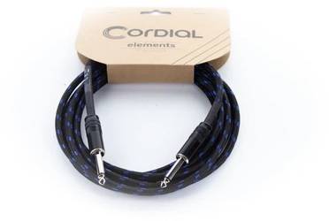 Black guitar cable with blue stripes and two 6.3mm jack plugs. Packaging top with 'Cordial elements' lettering.