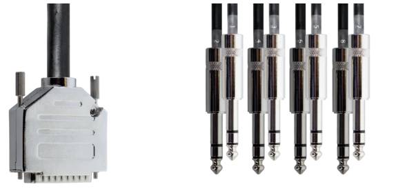 'A metal plug to the left of five audio cables with metal tips. Each cable has a black sheathing and numbered markings.'