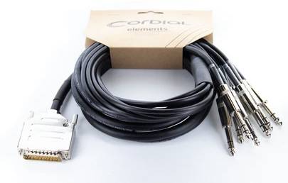 'Multicore cable with nine cables and connectors, suitable for audio or musical instrument connections.'