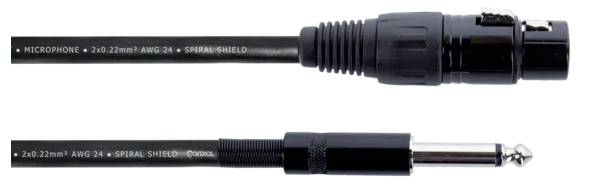 XLR to Jack Audio Cable, Black Sheathing. The upper end features an XLR plug, the lower end a jack plug.