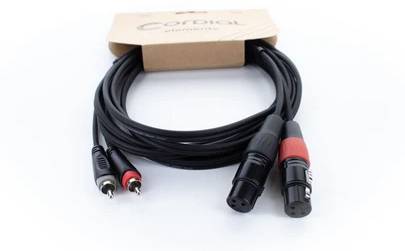 'An XLR cable with a parcel label is visible on a white surface. On the left are RCA plugs, on the right XLR plugs.'