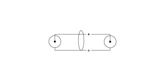 Electrical circuit with two cells, a capacitor in the centre, and connections marking the positive and negative terminals.
