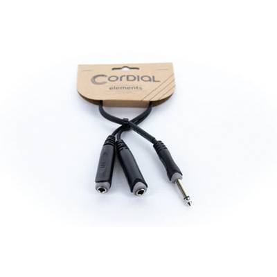 Cable adapter with a 6.35 mm jack plug to two 6.35 mm jack sockets, Cordial elements brand, on a white background.