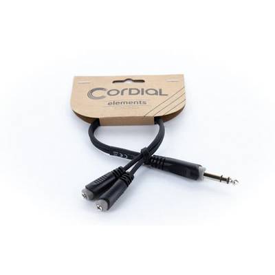'Audio splitter cable by Cordial elements, with a 6.35mm stereo plug and two 6.35mm mono sockets, on a white background.'