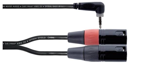 Stereo cable with XLR plugs and 3.5mm jack plug. For connecting audio devices, text 'LOW NOISE AUDIO' on the cable.