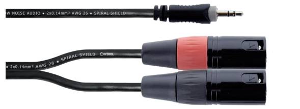 An audio cable with a 3.5mm jack plug connects to two XLR plugs. Inscription: 'LOW NOISE AUDIO, 2x0.14mm²'.