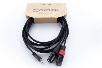 Black audio cable with XLR and 3.5mm jack plug, packaged in cardboard box with 'Cordial elements' printed on it.