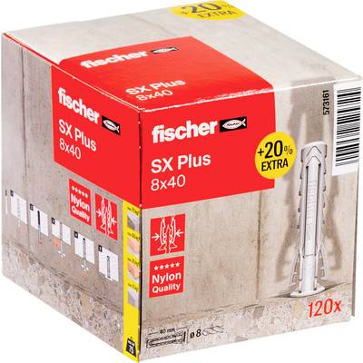 A box containing 120 Fischer SX Plus 8x40 wall plugs, advertised with '+20% Extra' and 'Nylon Quality', with product details printed on the packaging.