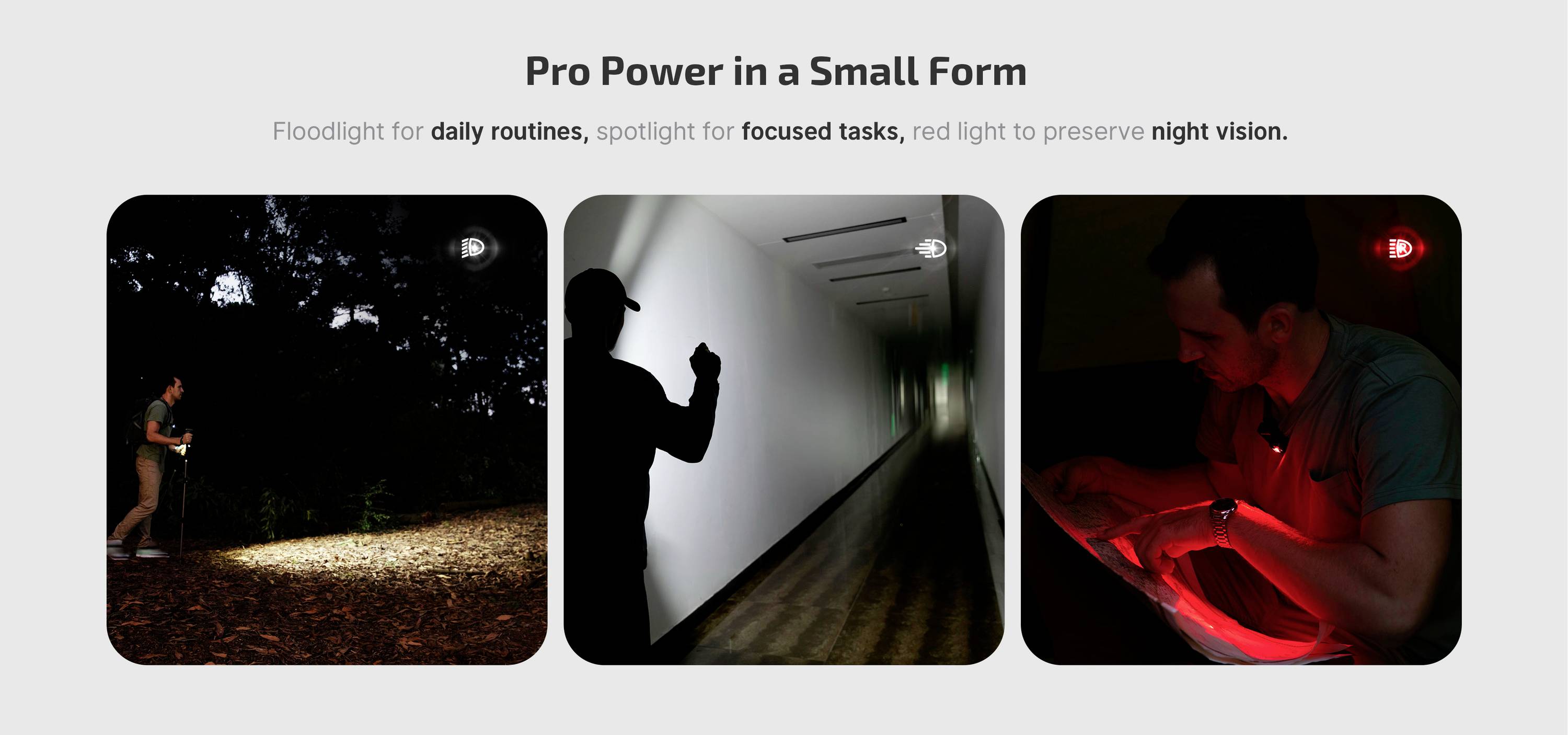 'Three pictures show a person with a torch: in a wood, in a corridor, and reading a map in the dark. Focus on night mode.'