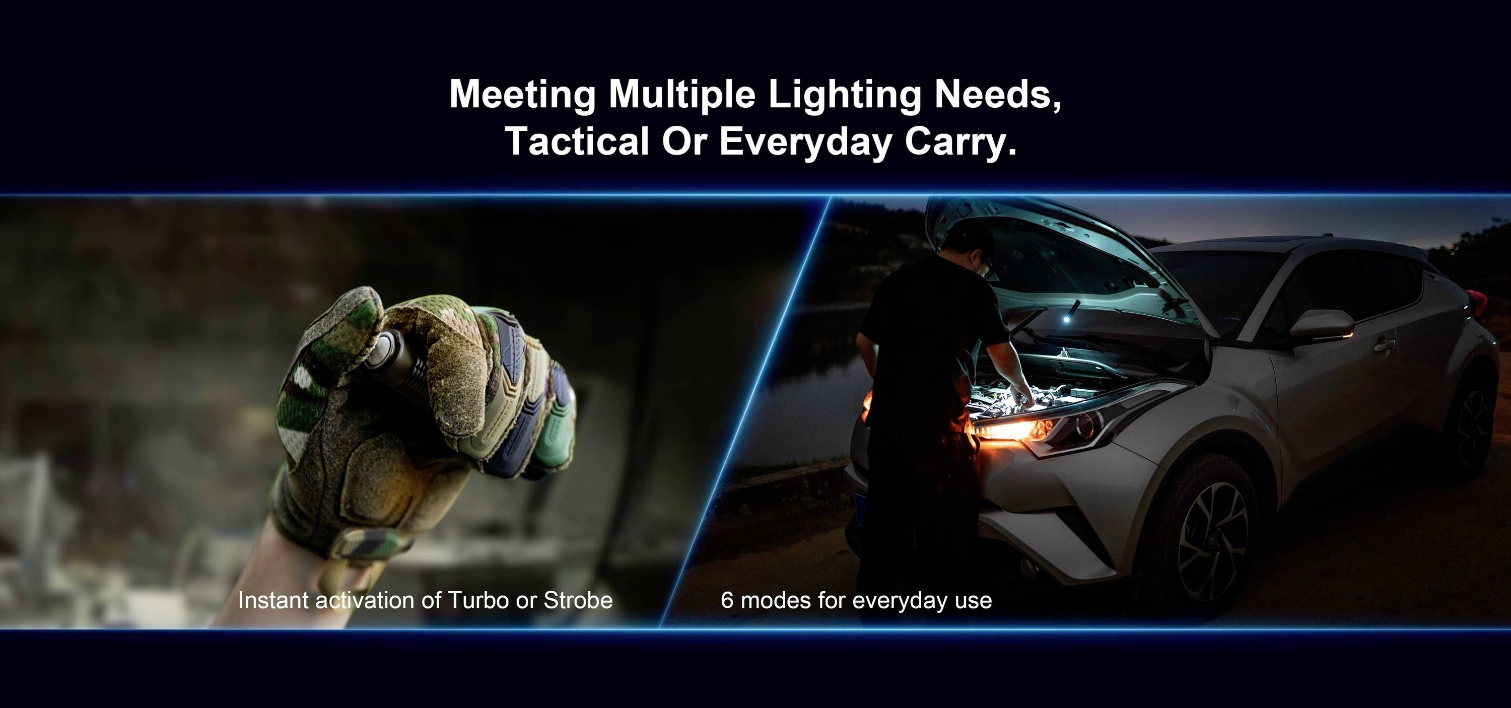 'Torch for tactical or everyday use: Turbo or strobe activation, 6 modes for daily use.'