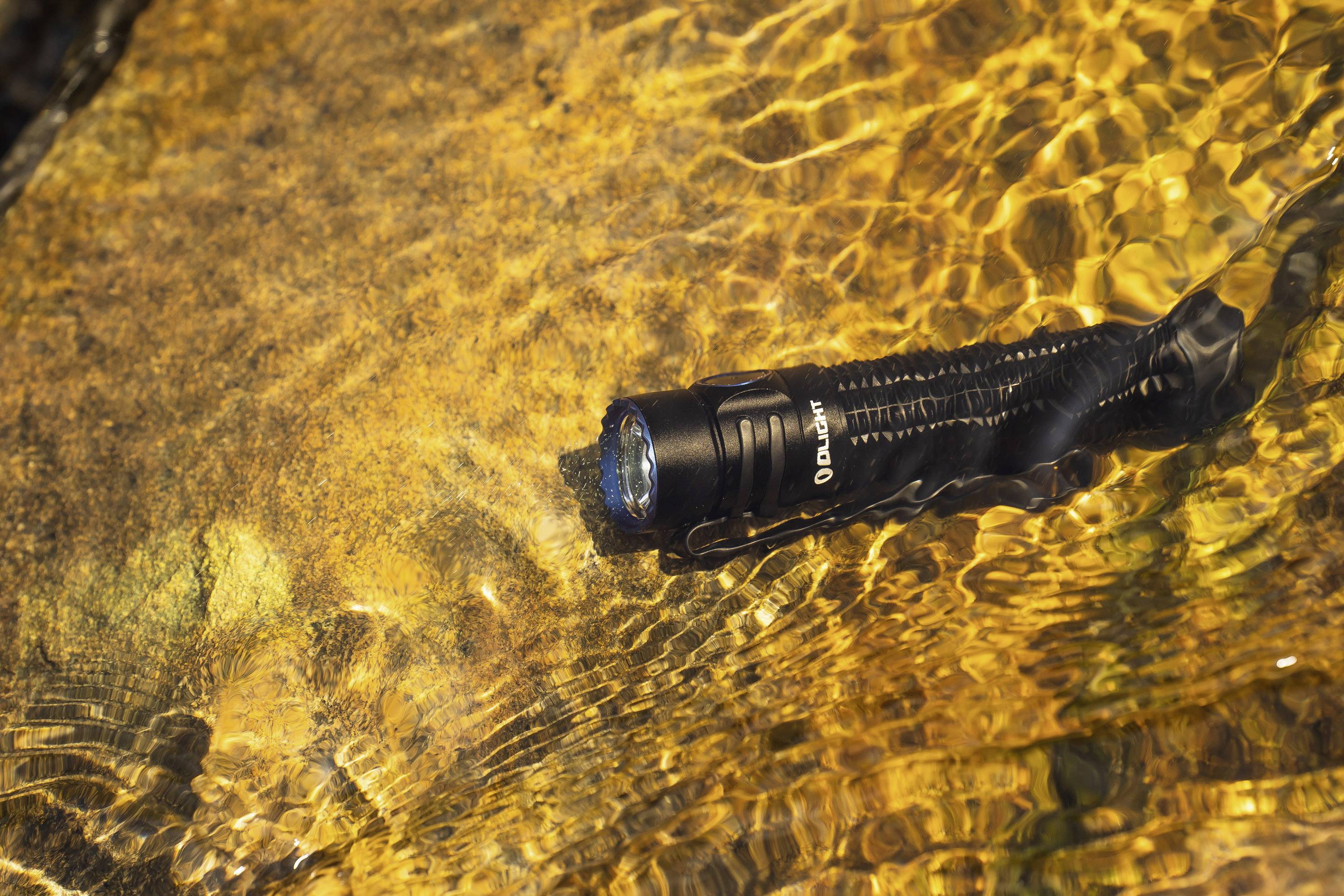 A black torch lies on a yellowish-gleaming rock in a shallow stream.