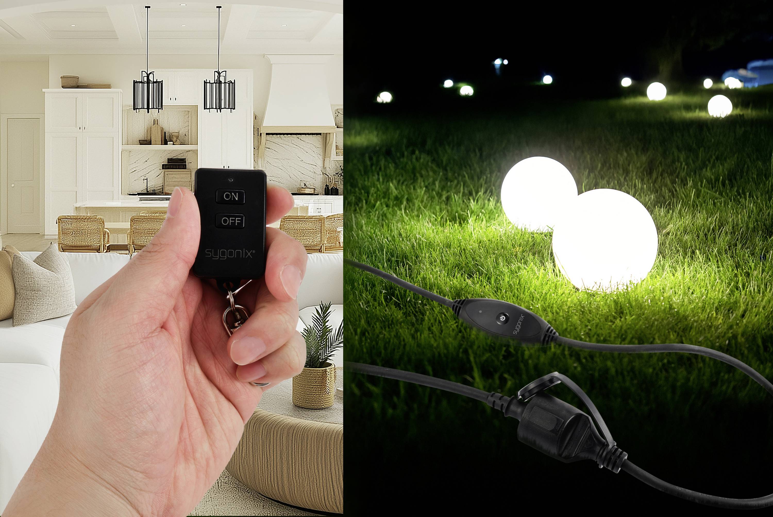 A hand is holding a remote control in a living room. On the right side of the image, illuminated garden orbs can be seen on a lawn.
