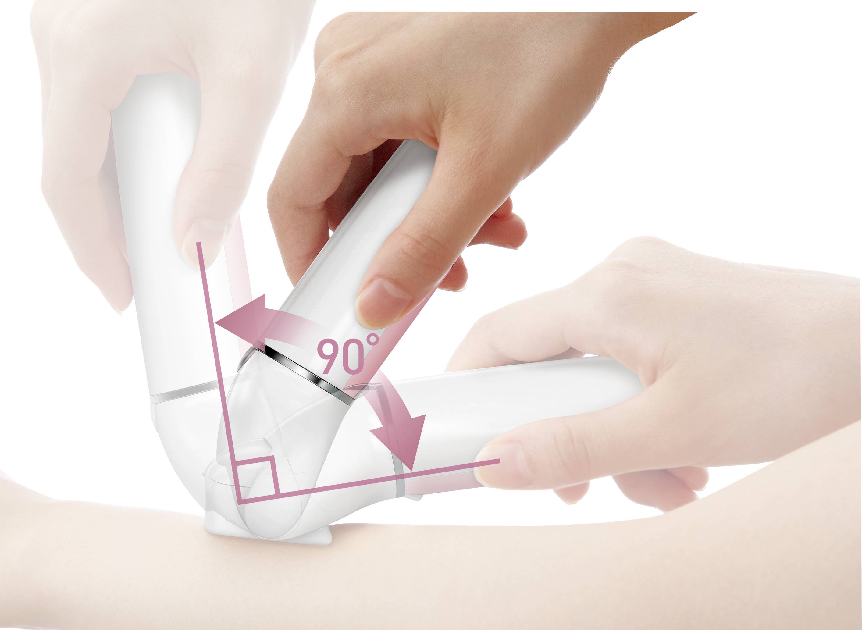 A person is holding a device with two parallel arms that can move at a 90-degree angle above a forearm.