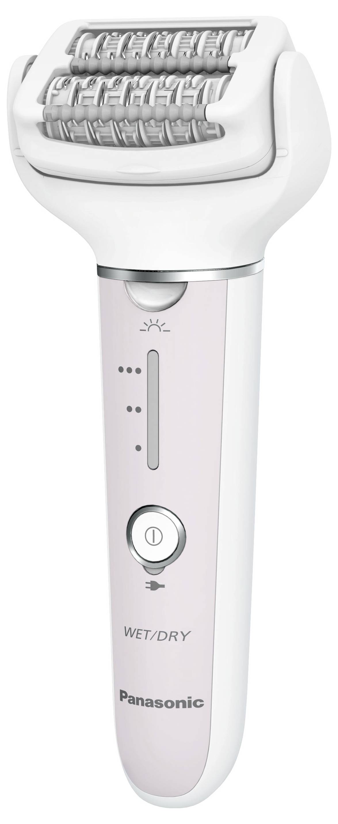 Electric epilator in white and pink with multiple rotating heads and handle. Ideal for wet and dry use.