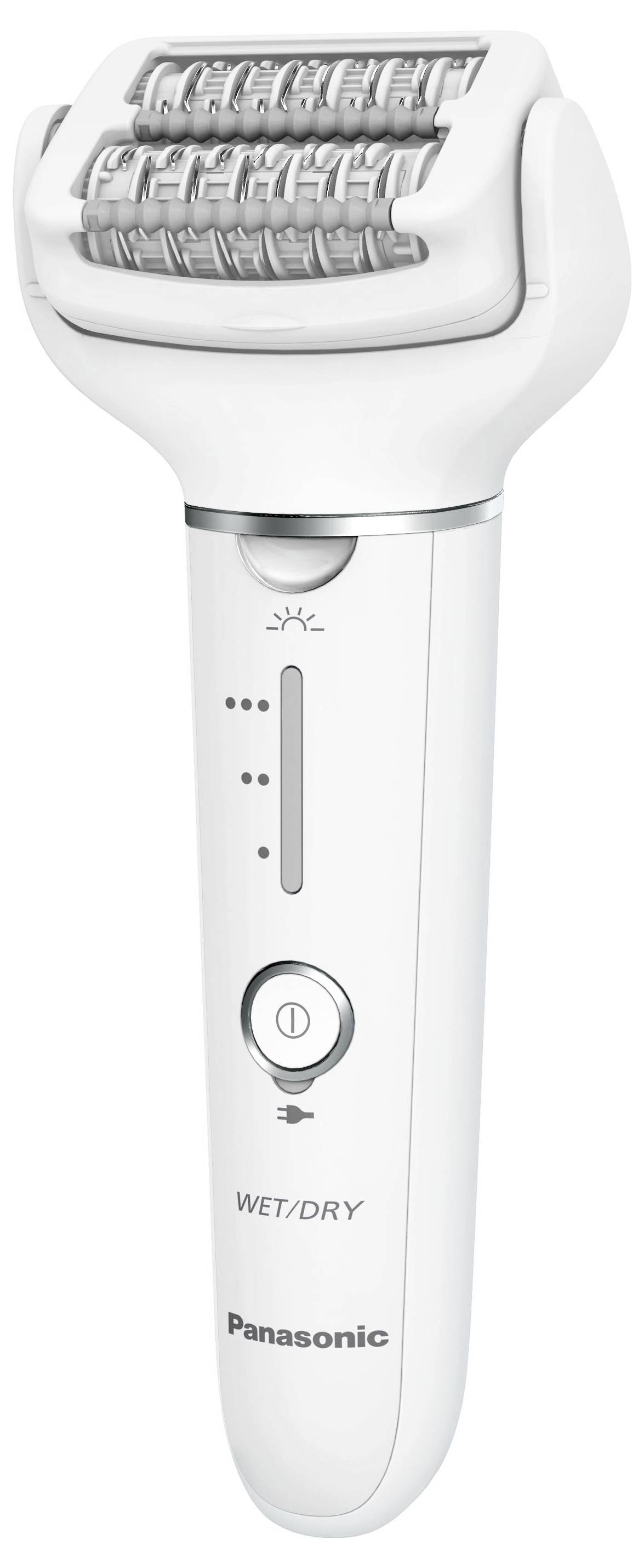Electric epilator in white, suitable for wet and dry use. Button and indicators for various settings visible.