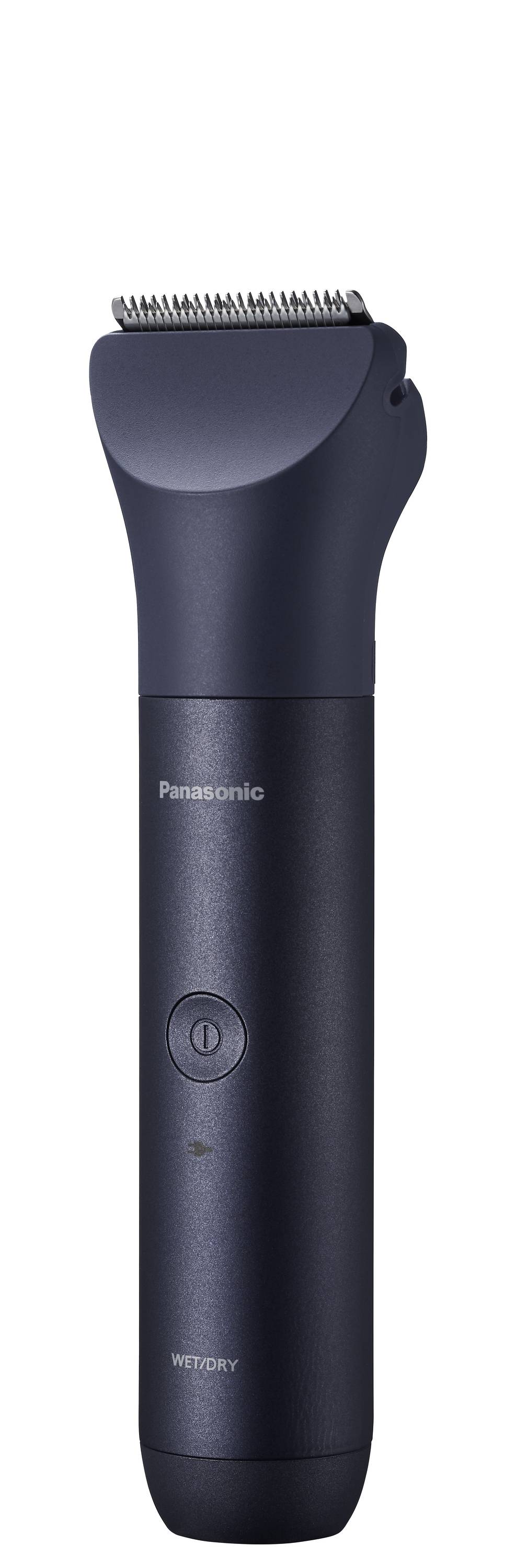 A black electric trimmer with an ergonomic handle and rounded cutting head. Suitable for wet and dry use.