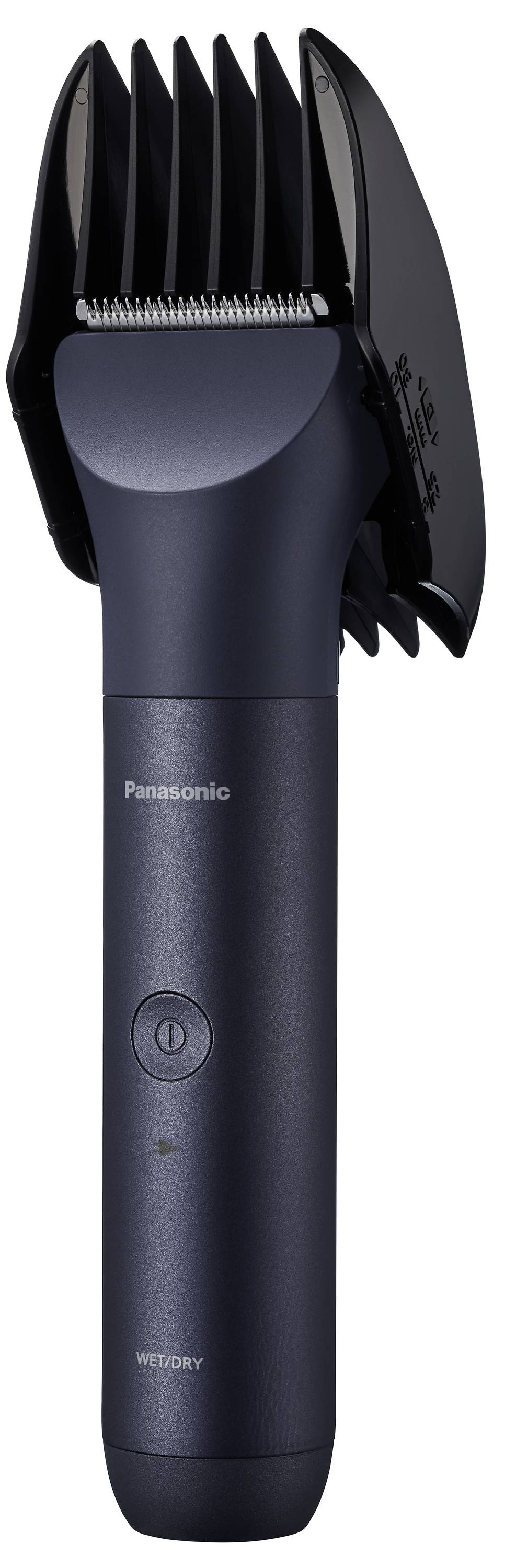 Electric hair clipper in dark colour with removable comb attachment. Brand name visible on the front.
