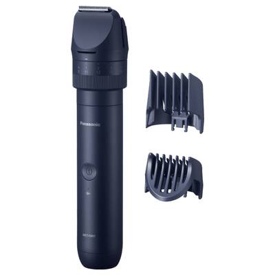 Black electric trimmer by Panasonic with two attachments, suitable for wet and dry shaving.